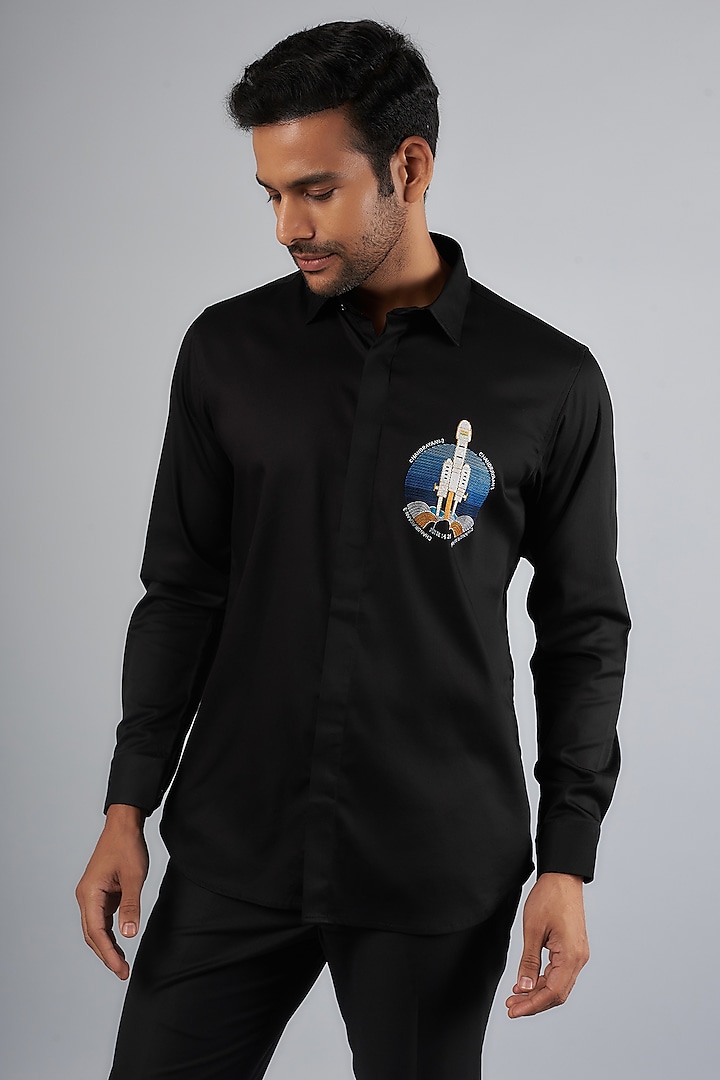 Black Cotton & Lycra Handcrafted Aari Embroidered Shirt by SAMMOHAN