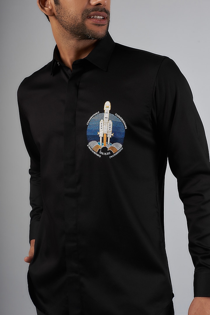 Black Cotton & Lycra Handcrafted Aari Embroidered Party Wear Shirt by SAMMOHAN at Pernia's Pop Up Shop