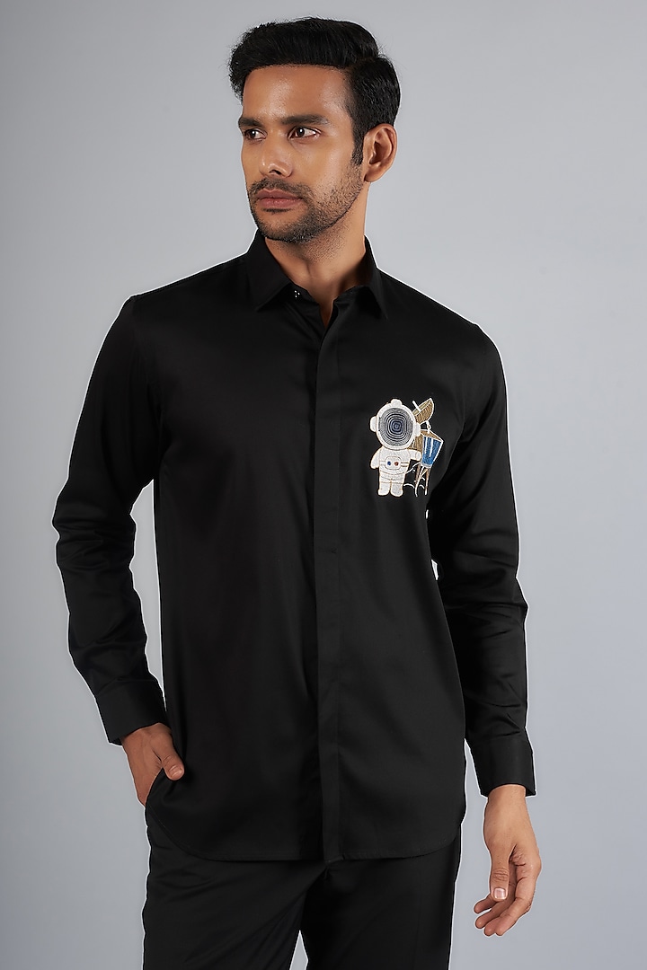 Black Cotton & Lycra Handcrafted Aari Embroidered Shirt by SAMMOHAN