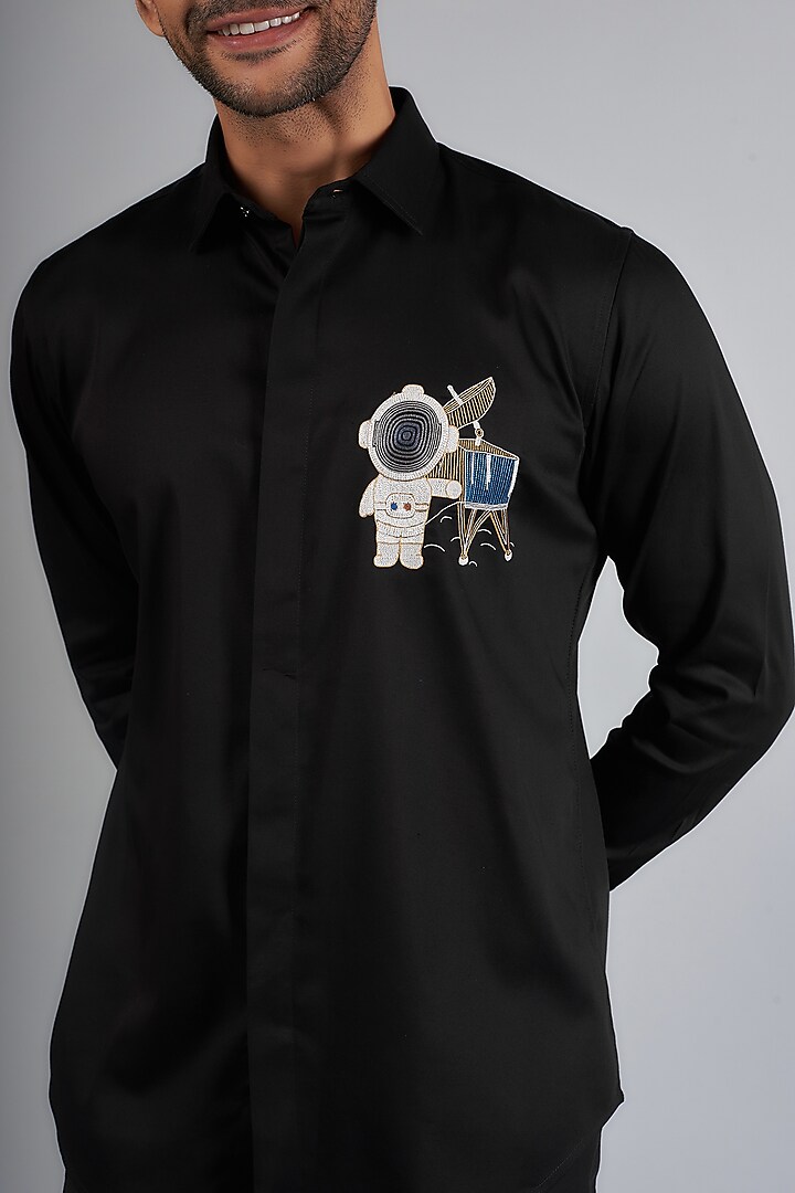 Black Cotton & Lycra Handcrafted Aari Embroidered Party Wear Shirt by SAMMOHAN at Pernia's Pop Up Shop