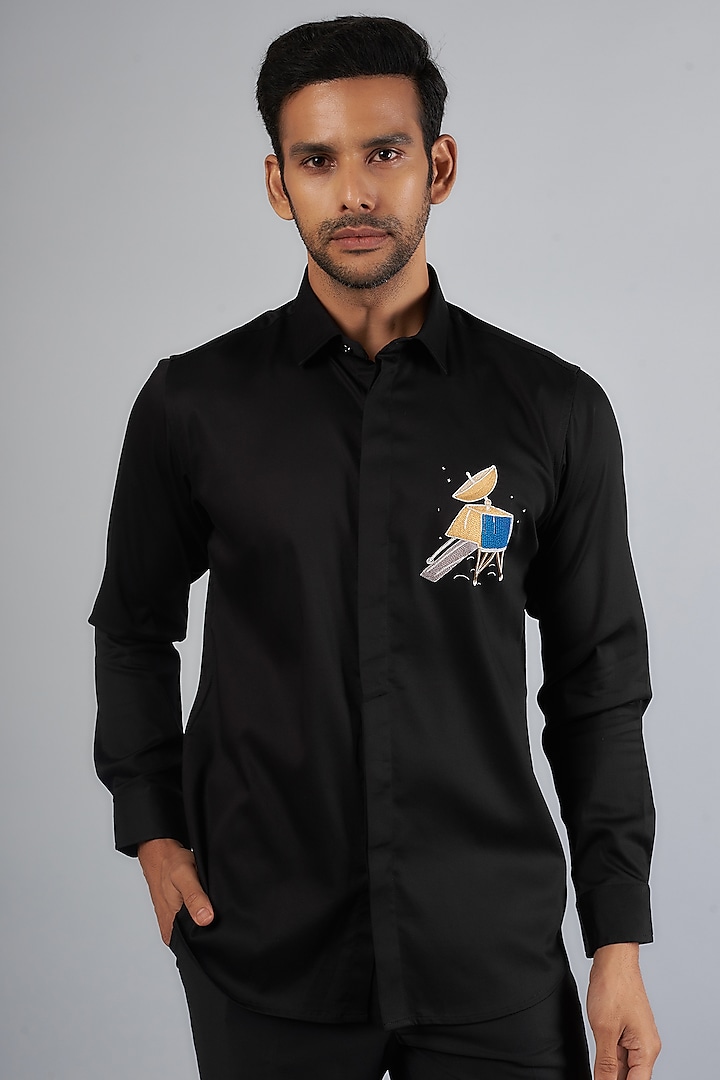 Black Cotton & Lycra Handcrafted Aari Embroidered Shirt by SAMMOHAN