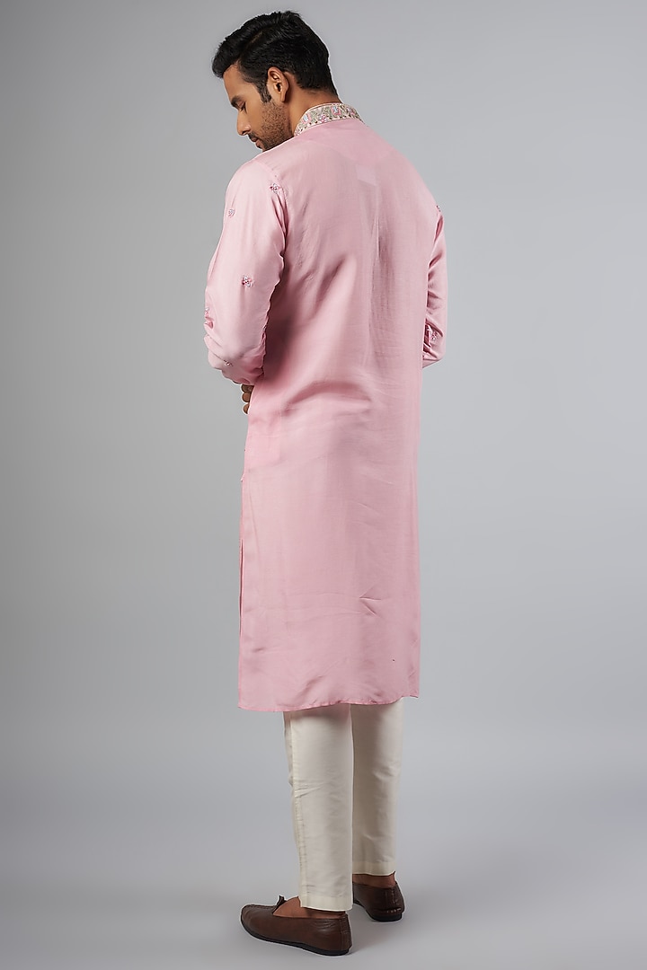 Baby Pink Tussar Resham Embroidered Kurta Set by SAMMOHAN at Pernia's Pop Up Shop
