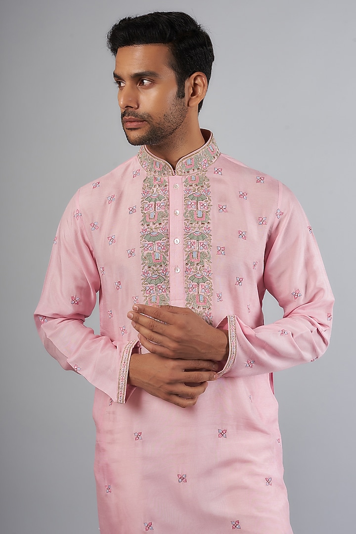 Baby Pink Tussar Resham Embroidered Kurta Set by SAMMOHAN at Pernia's Pop Up Shop