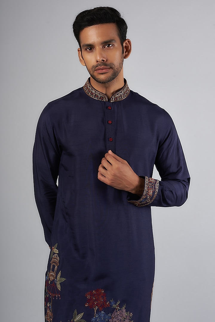 Navy Blue Tussar Resham Embroidered Kurta Set by SAMMOHAN at Pernia's Pop Up Shop