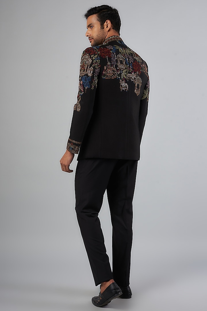 Black Tussar Resham Embroidered Wedding Bandhgala Set by SAMMOHAN at Pernia's Pop Up Shop
