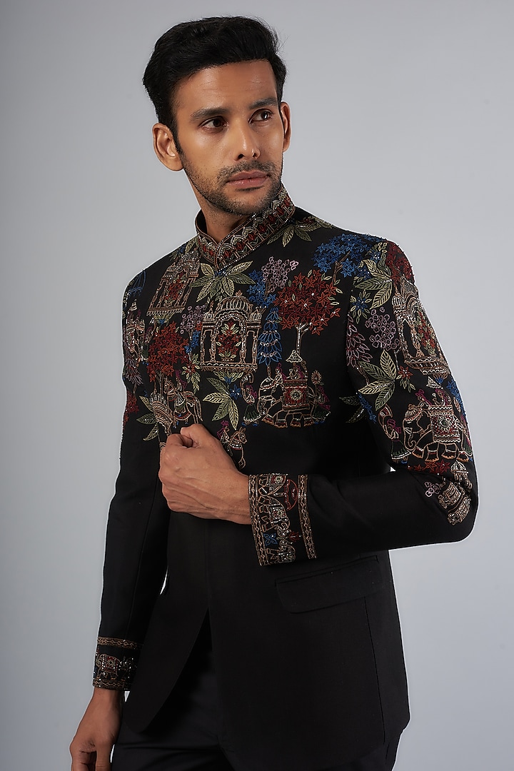 Black Tussar Resham Embroidered Wedding Bandhgala Set by SAMMOHAN at Pernia's Pop Up Shop