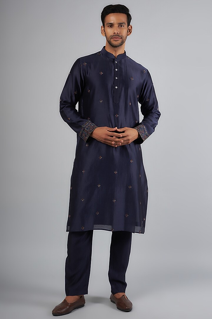 Navy Blue Tussar Resham Embroidered Bundi Jacket Set by SAMMOHAN at Pernia's Pop Up Shop