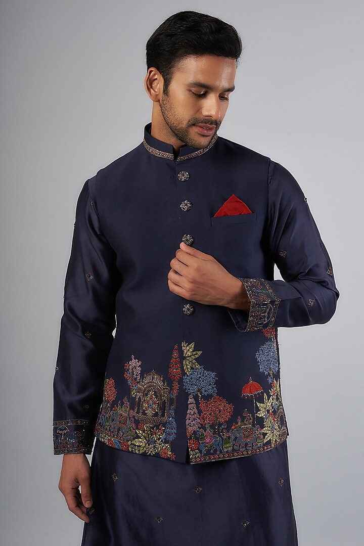 Navy Blue Tussar Resham Embroidered Bundi Jacket Set by SAMMOHAN at Pernia's Pop Up Shop