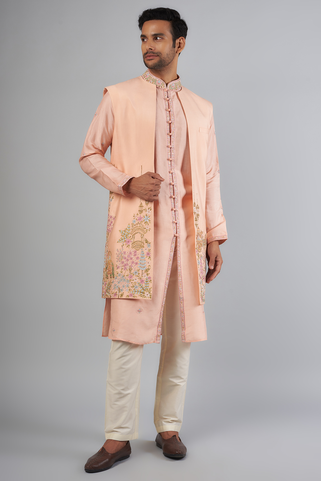 Peach Tussar Resham Embroidered Wedding Indowestern Set by SAMMOHAN at Pernia's Pop Up Shop