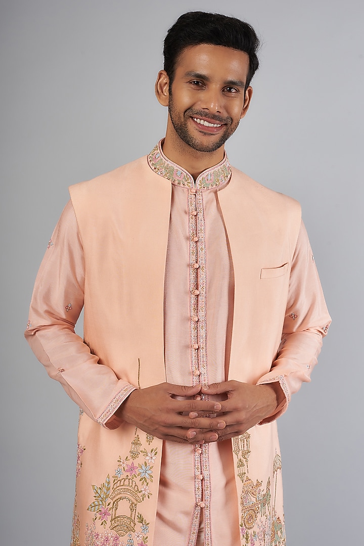 Peach Tussar Resham Embroidered Wedding Indowestern Set by SAMMOHAN at Pernia's Pop Up Shop