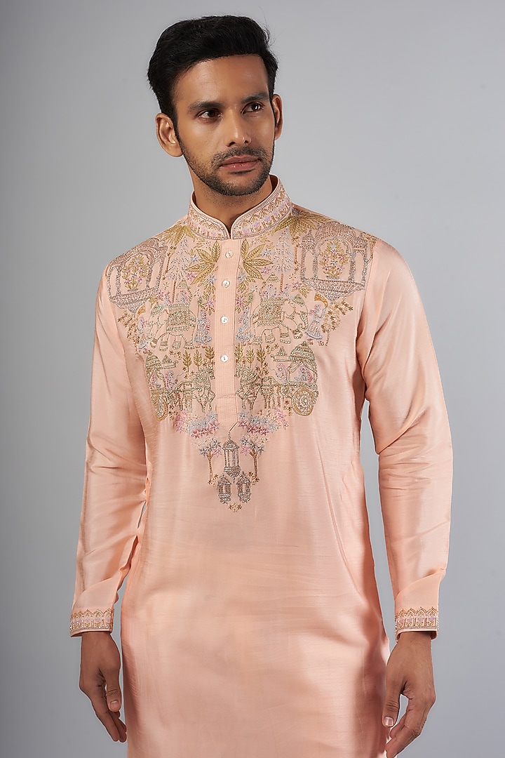 Peach Tussar Machine Embroidered Handcrafted Kurta Set by SAMMOHAN at Pernia's Pop Up Shop