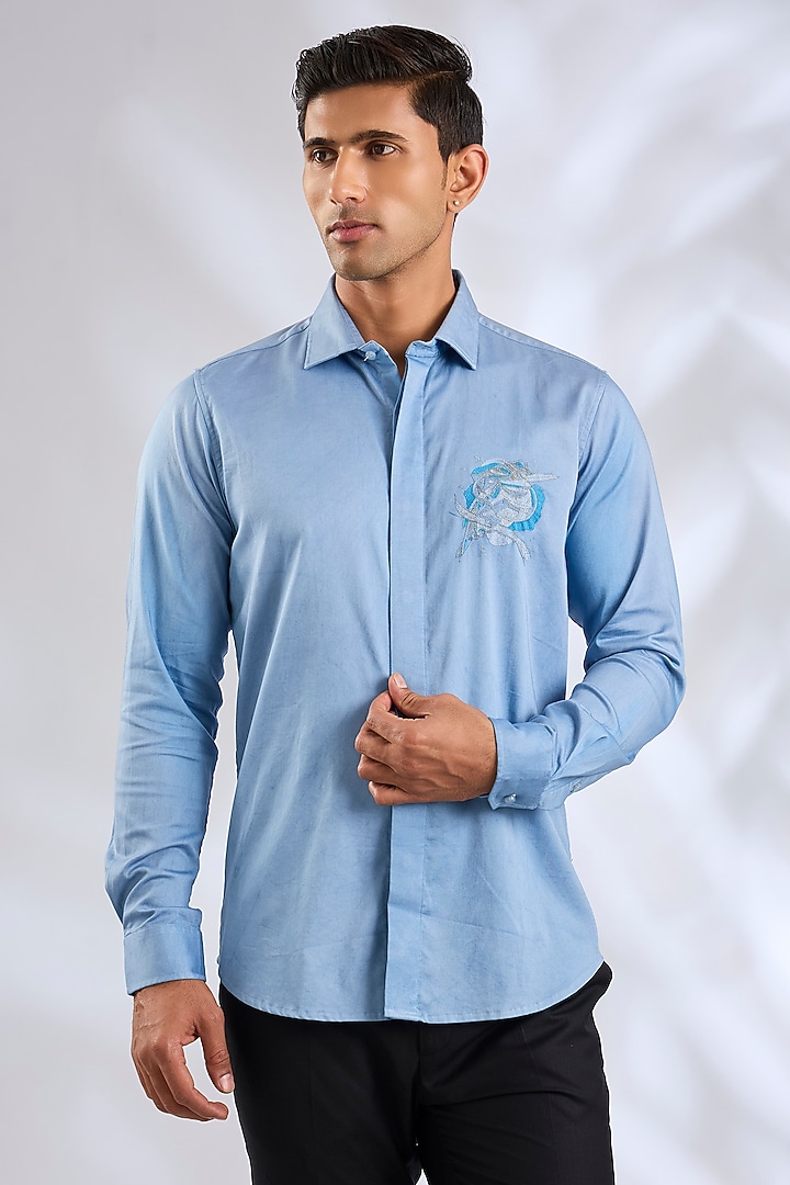 Blue Cotton Lycra Aari Embroidered Handcrafted Party Wear Shirt by SAMMOHAN at Pernia's Pop Up Shop