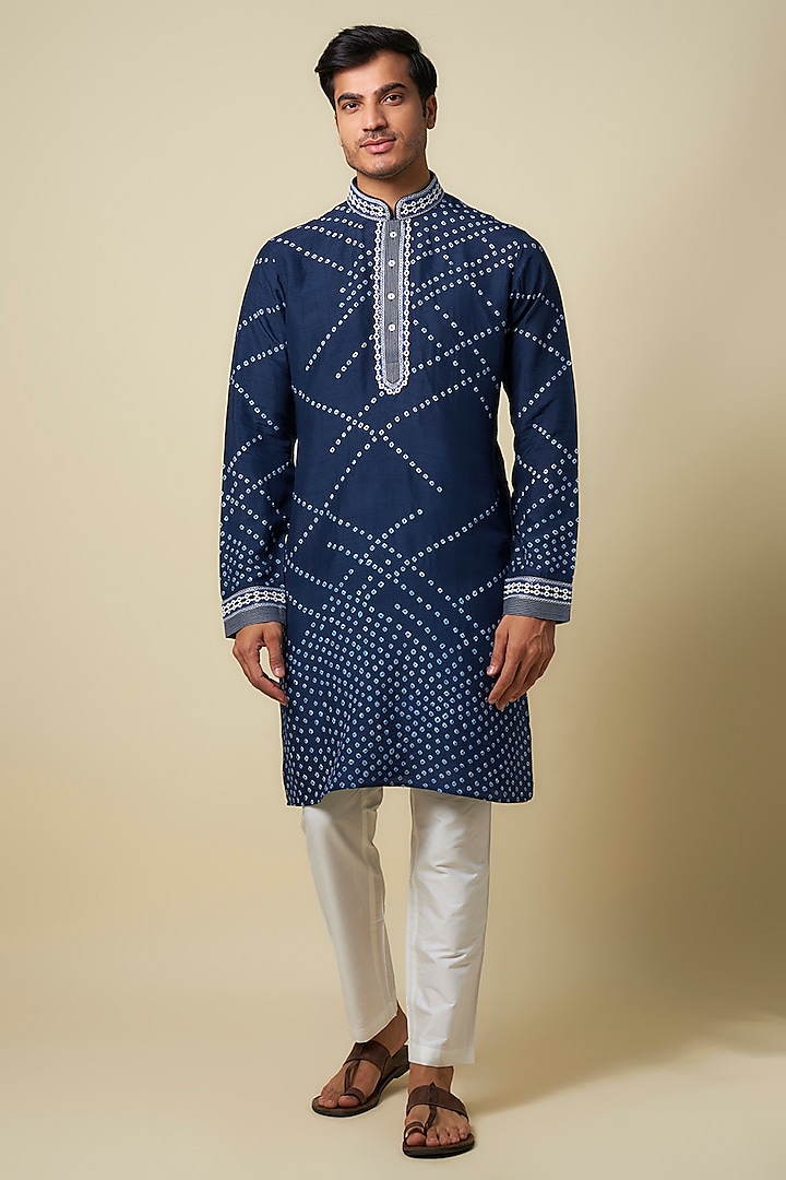 Blue Bandhani Tussar Hand Embroidered Kurta Set by SAMMOHAN