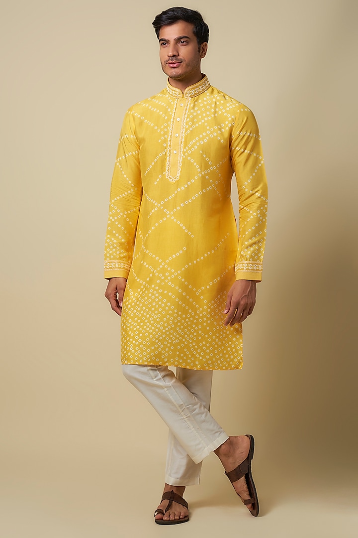 Yellow Bandhani Tussar Hand Embroidered Kurta Set by SAMMOHAN