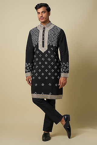Black Bandhani Tussar Hand Embroidered Kurta Set by SAMMOHAN