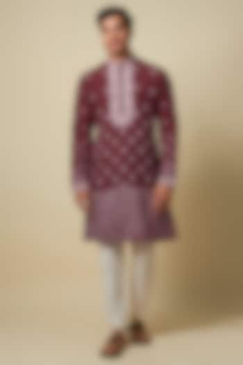 Wine Bandhani Tussar Hand Embroidered Kurta Set by SAMMOHAN