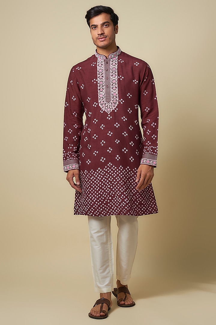 Wine Bandhani Tussar Hand Embroidered Kurta Set by SAMMOHAN