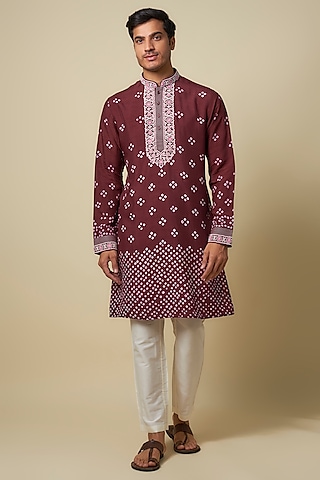 Wine Bandhani Tussar Hand Embroidered Kurta Set by SAMMOHAN