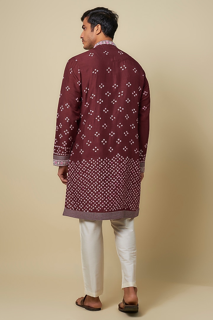 Wine Bandhani Tussar Hand Embroidered Kurta Set by SAMMOHAN at Pernia's Pop Up Shop