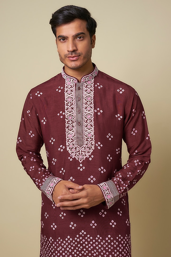 Wine Bandhani Tussar Hand Embroidered Kurta Set by SAMMOHAN at Pernia's Pop Up Shop