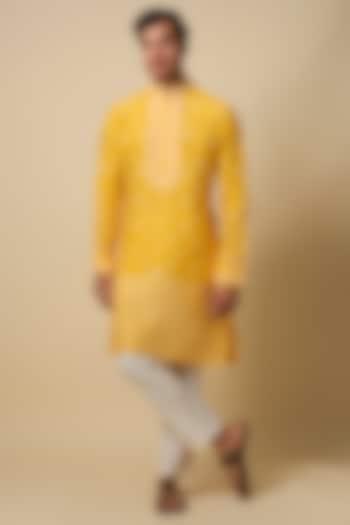 Yellow Bandhani Tussar Hand Embroidered Kurta Set by SAMMOHAN