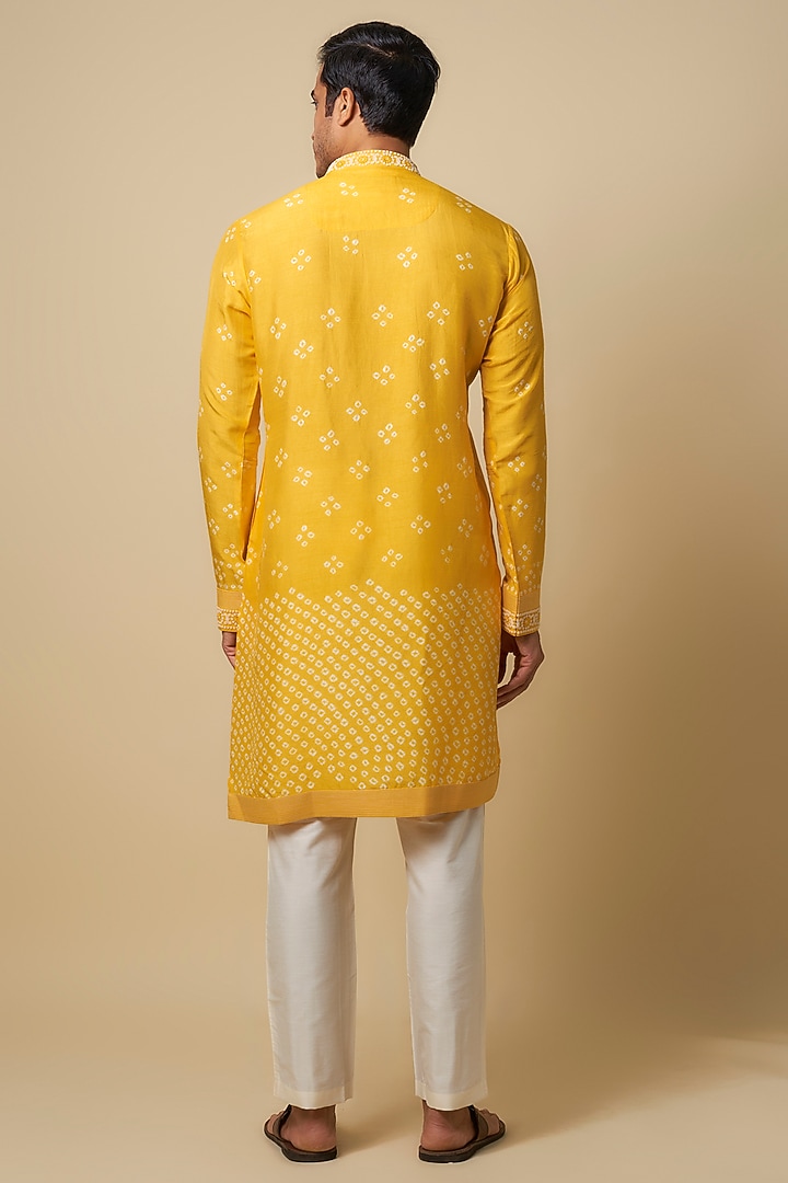 Yellow Bandhani Tussar Hand Embroidered Kurta Set by SAMMOHAN at Pernia's Pop Up Shop