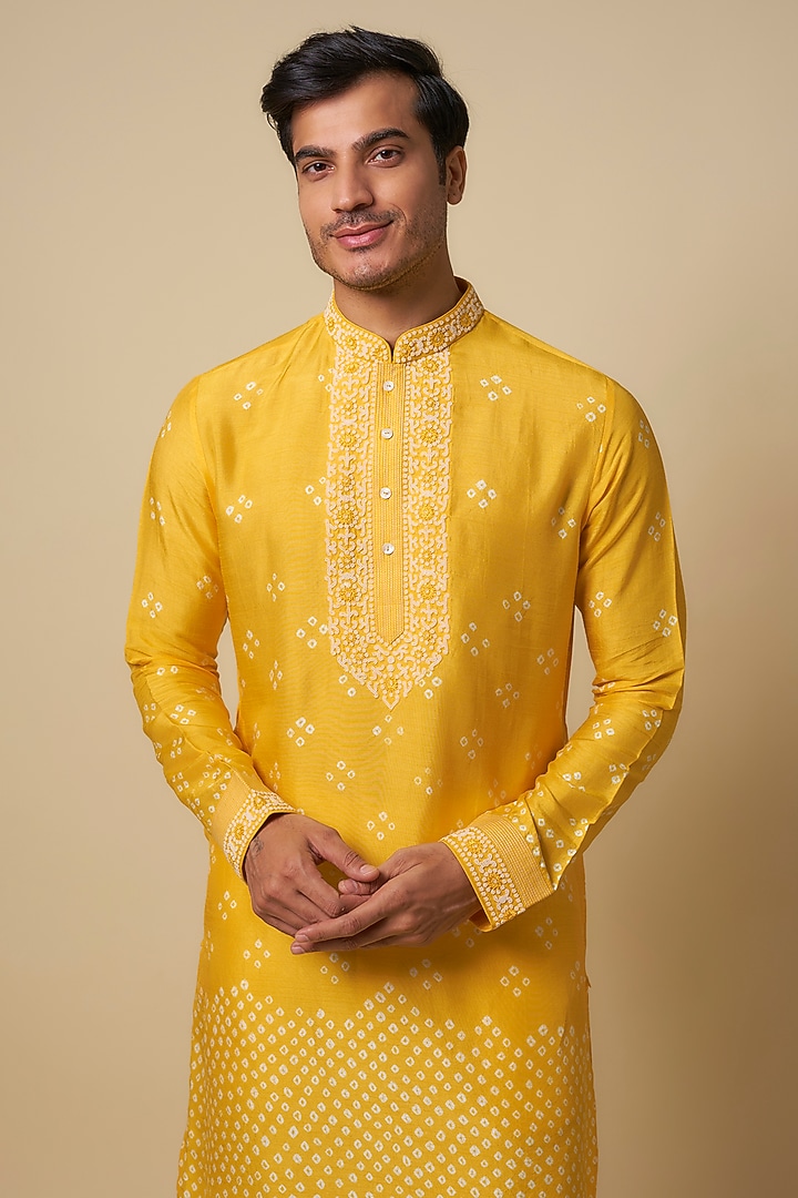 Yellow Bandhani Tussar Hand Embroidered Kurta Set by SAMMOHAN at Pernia's Pop Up Shop