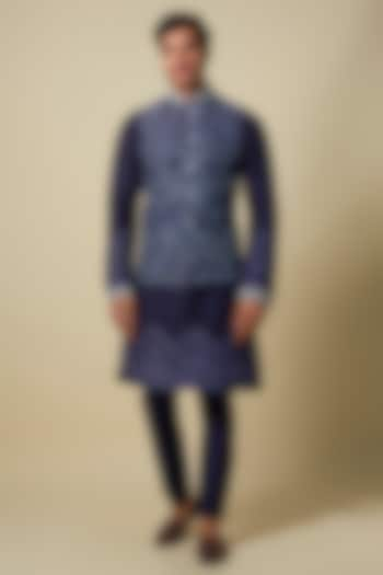 Blue Bandhani Tussar Hand Embroidered Bundi Jacket Set by SAMMOHAN at Pernia's Pop Up Shop