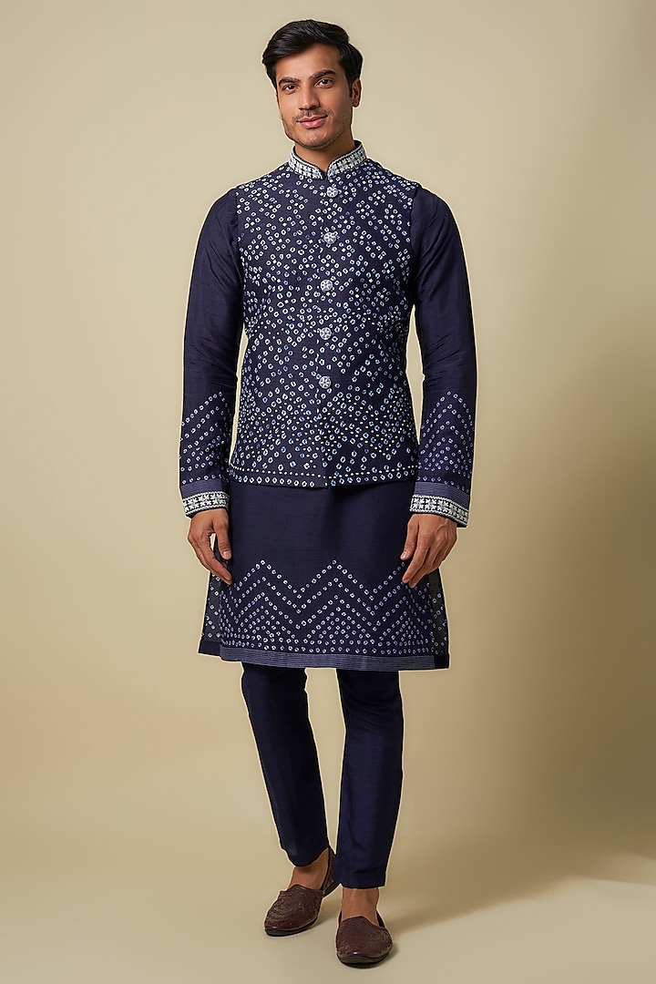 Blue Bandhani Tussar Hand Embroidered Bundi Jacket Set by SAMMOHAN at Pernia's Pop Up Shop