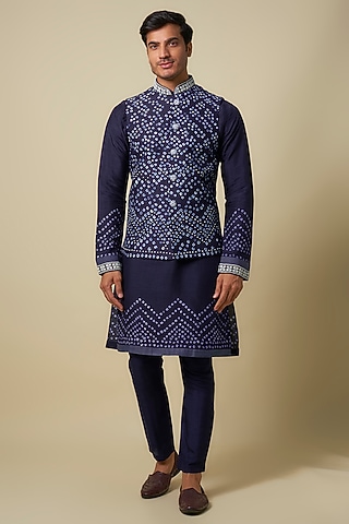 Blue Bandhani Tussar Hand Embroidered Bundi Jacket Set by SAMMOHAN
