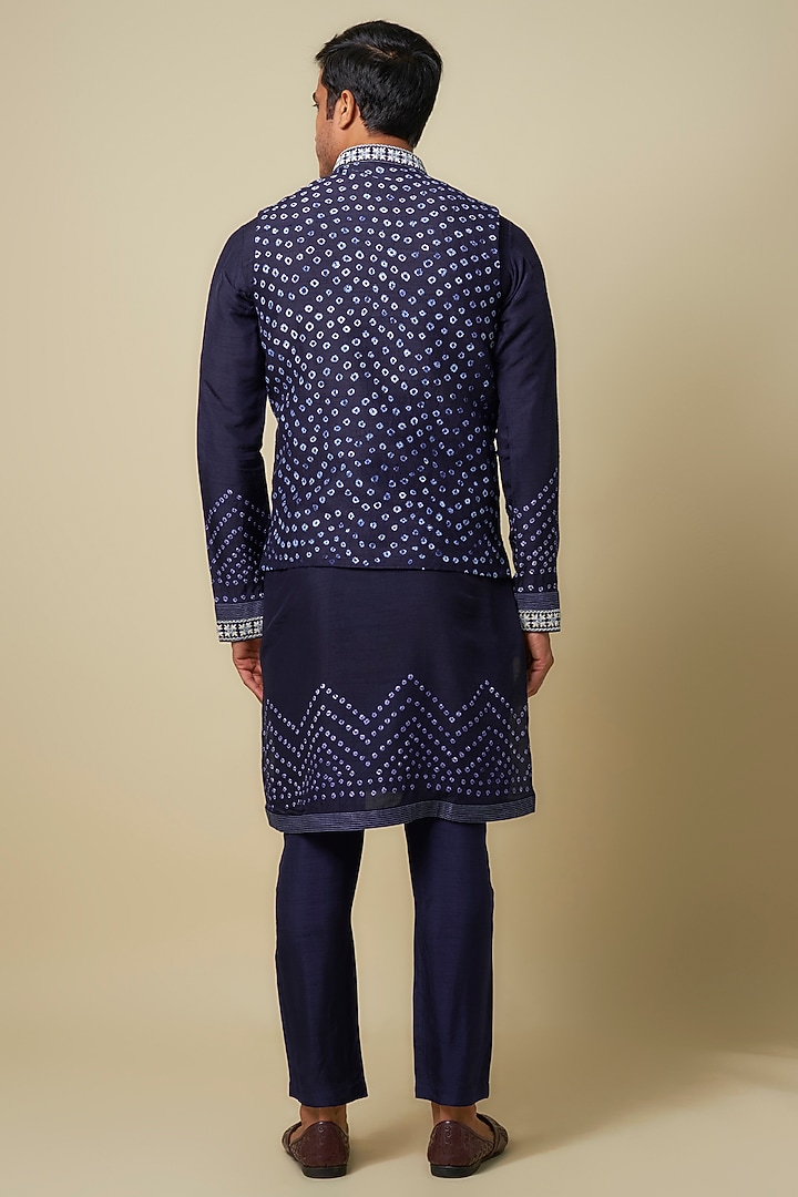 Blue Bandhani Tussar Hand Embroidered Bundi Jacket Set by SAMMOHAN at Pernia's Pop Up Shop