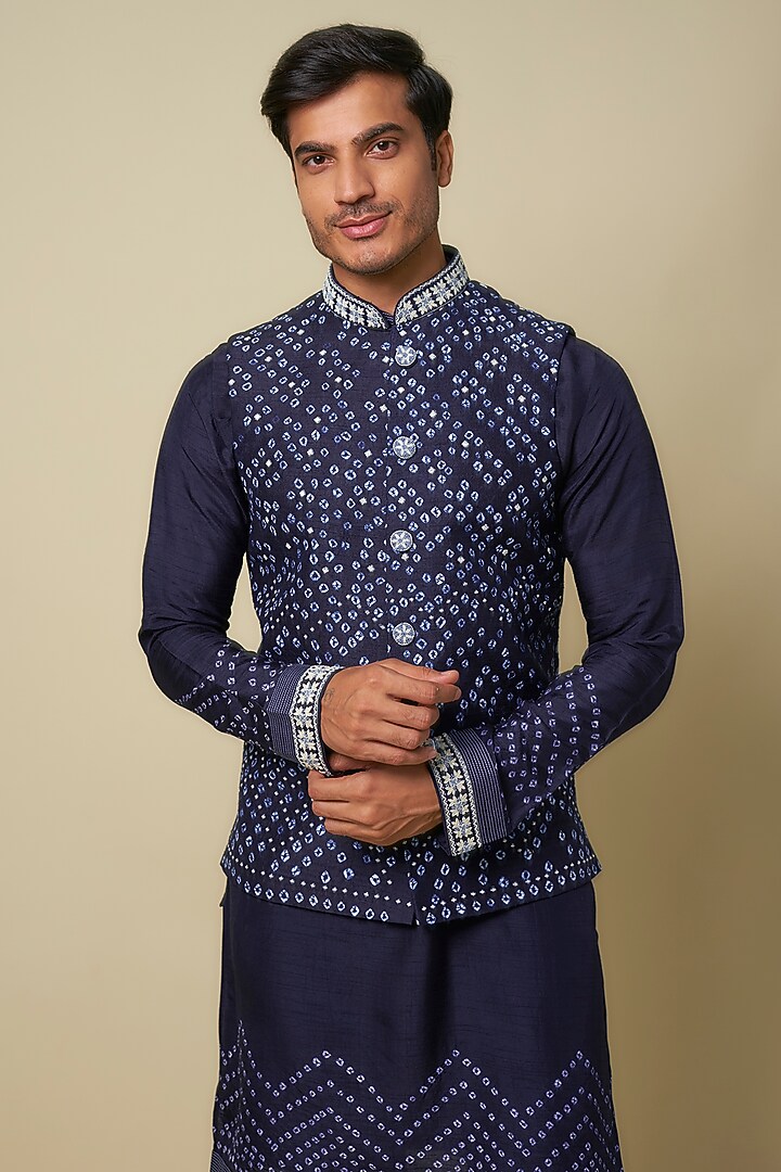 Blue Bandhani Tussar Hand Embroidered Bundi Jacket Set by SAMMOHAN at Pernia's Pop Up Shop