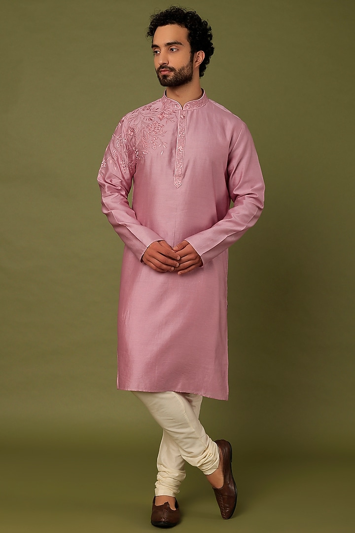 Lilac Chanderi Embroidered Kurta Set by ALOUKIK at Pernia's Pop Up Shop