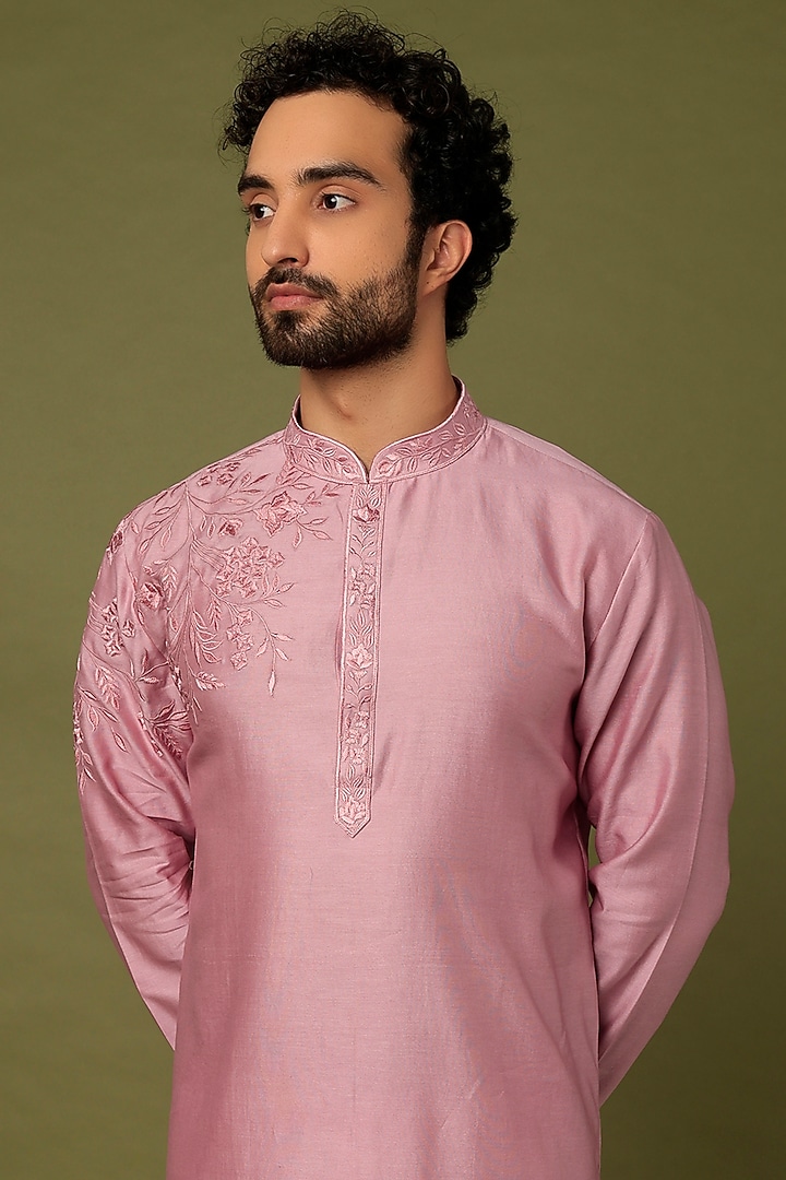 Lilac Chanderi Embroidered Kurta Set by ALOUKIK at Pernia's Pop Up Shop