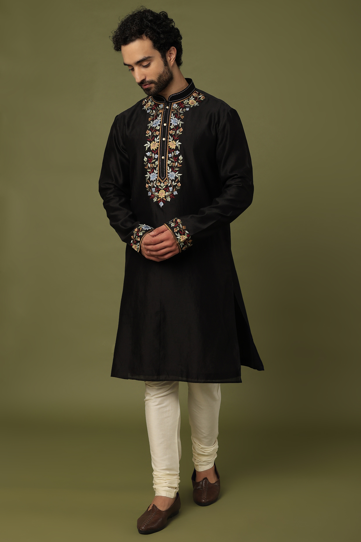 Black Embroidered Kurta Set by ALOUKIK at Pernia's Pop Up Shop