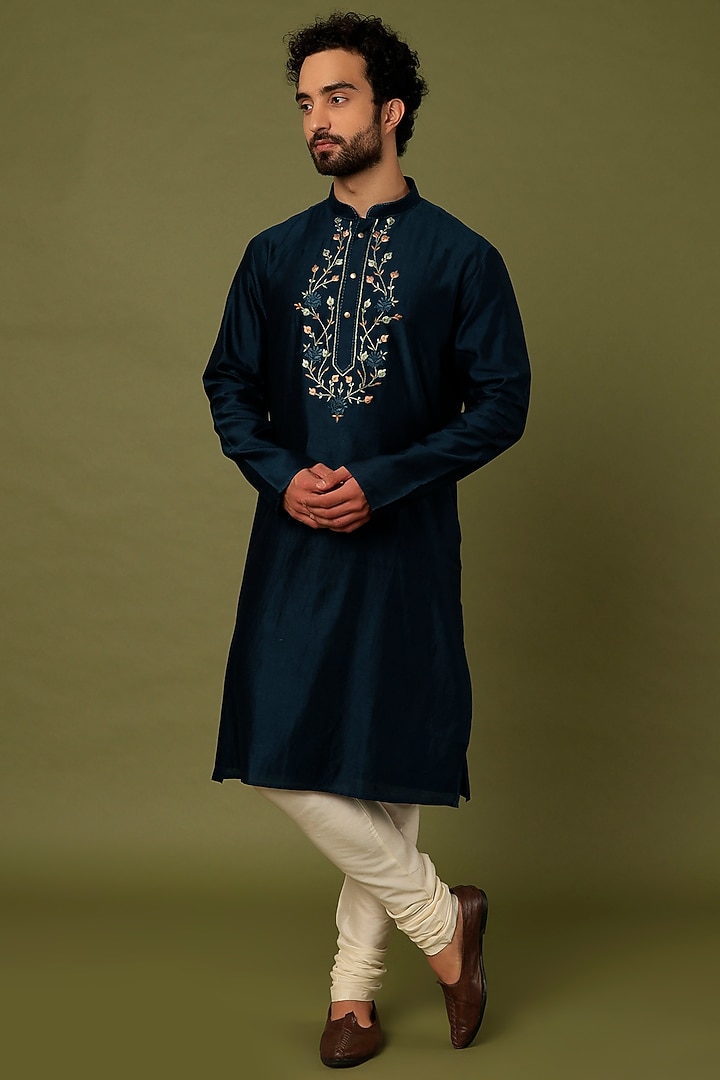 Blue Pure Chanderi Machine Thread Embroidered Kurta Set by ALOUKIK at Pernia's Pop Up Shop