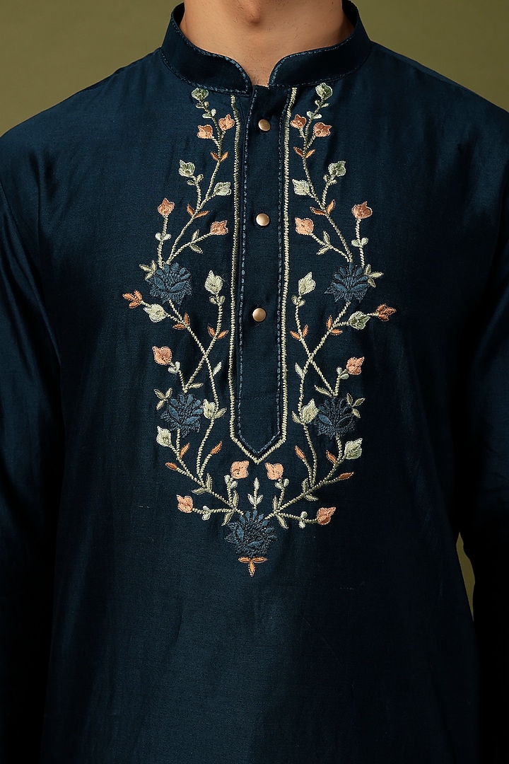 Blue Pure Chanderi Machine Thread Embroidered Kurta Set by ALOUKIK at Pernia's Pop Up Shop