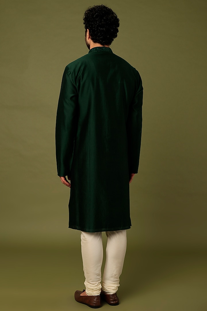 Bottle Green Pure Chanderi Machine Thread Embroidered Kurta Set by ALOUKIK at Pernia's Pop Up Shop