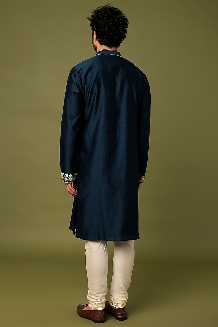 Blue Pure Chanderi Machine Thread Embroidered Kurta Set by ALOUKIK at Pernia's Pop Up Shop