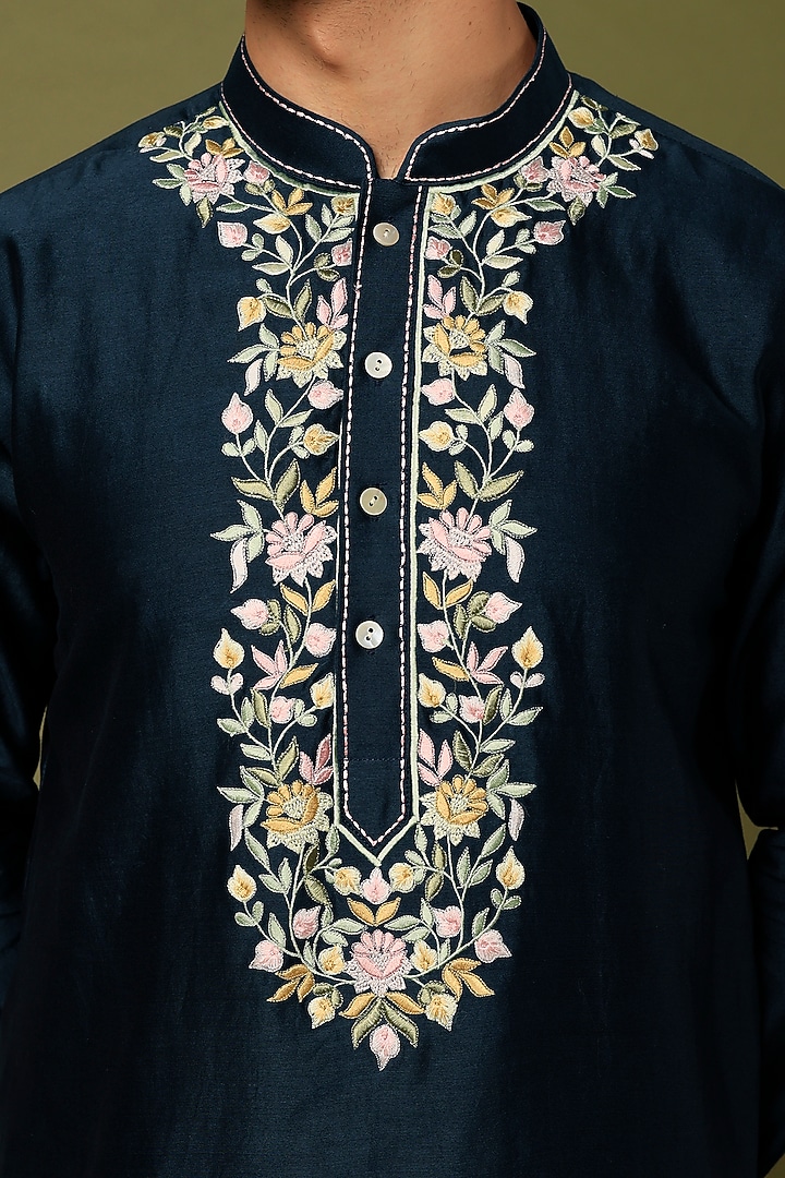 Blue Pure Chanderi Machine Thread Embroidered Kurta Set by ALOUKIK at Pernia's Pop Up Shop