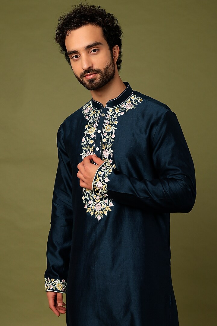 Blue Pure Chanderi Machine Thread Embroidered Kurta Set by ALOUKIK at Pernia's Pop Up Shop