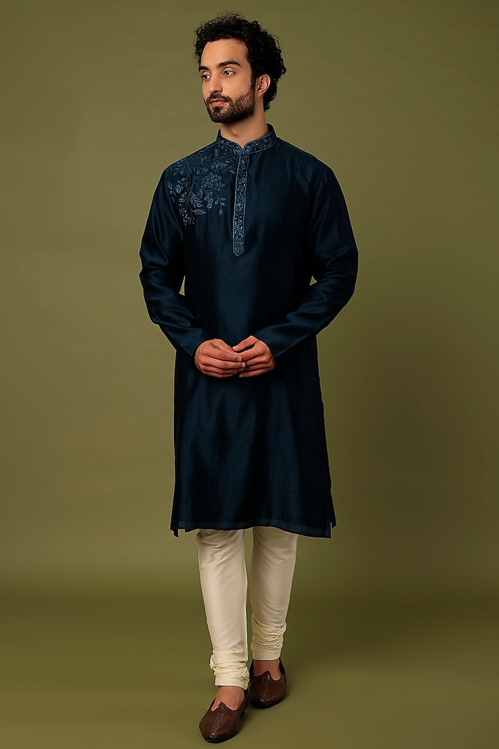 Blue Chanderi Embroidered Kurta Set by ALOUKIK at Pernia's Pop Up Shop