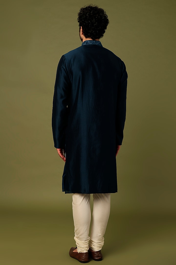 Blue Chanderi Embroidered Kurta Set by ALOUKIK at Pernia's Pop Up Shop