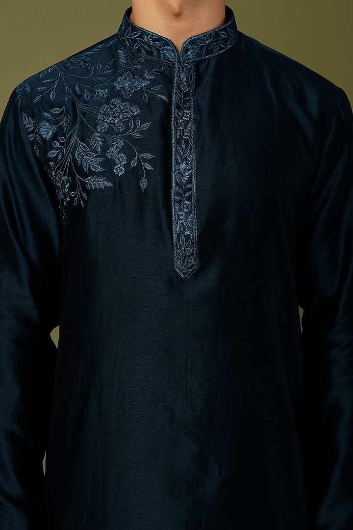 Blue Chanderi Embroidered Kurta Set by ALOUKIK at Pernia's Pop Up Shop