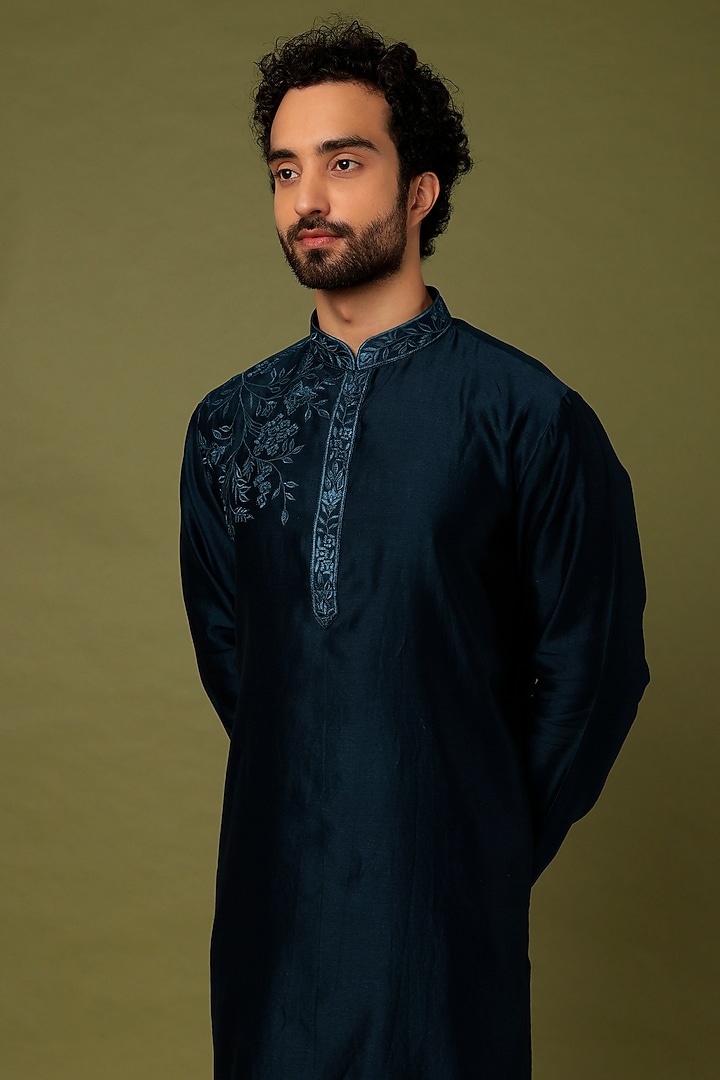 Blue Chanderi Embroidered Kurta Set by ALOUKIK at Pernia's Pop Up Shop