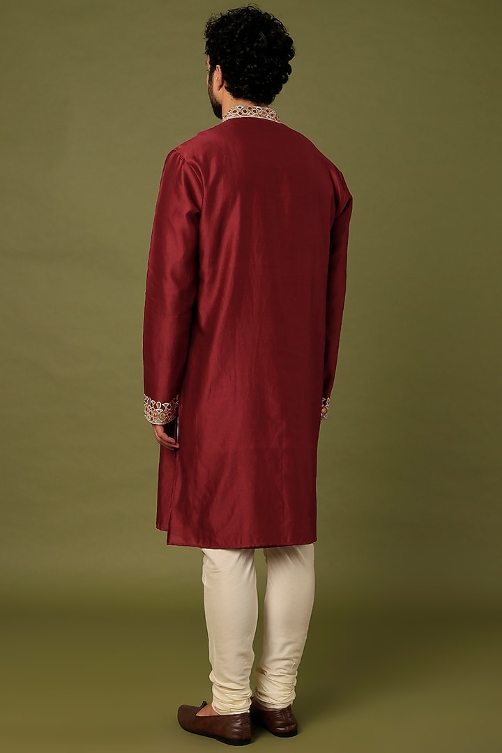 Red Chanderi Embroidered Kurta Set by ALOUKIK at Pernia's Pop Up Shop