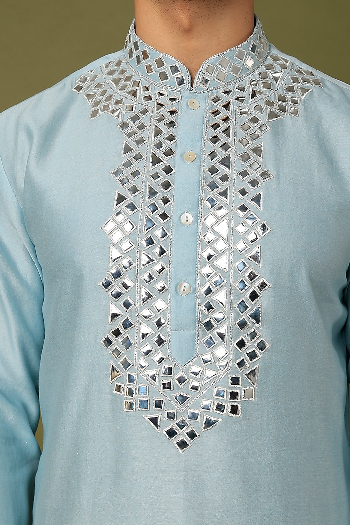 Blue Chanderi Embroidered Kurta Set by ALOUKIK at Pernia's Pop Up Shop
