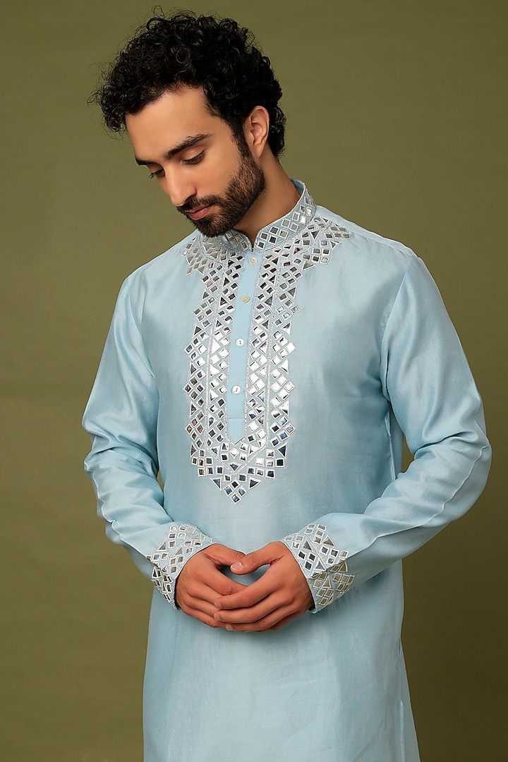 Blue Chanderi Embroidered Kurta Set by ALOUKIK at Pernia's Pop Up Shop