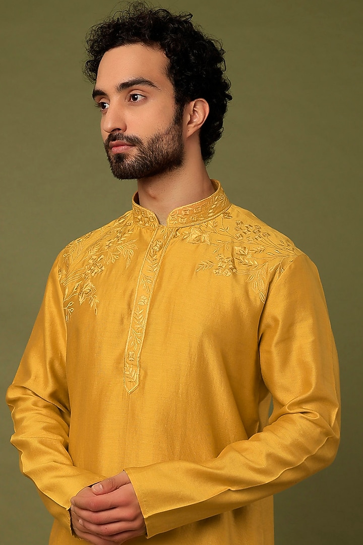 Yellow Embroidered Kurta Set by ALOUKIK at Pernia's Pop Up Shop