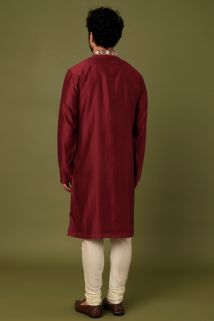Maroon Chanderi Embroidered Kurta Set by ALOUKIK at Pernia's Pop Up Shop